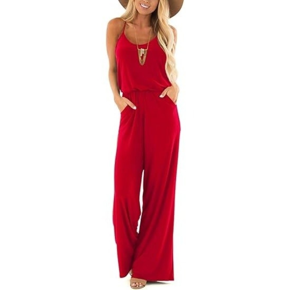 MSRP $52 Lacozy Women's M Red Summer Jumpsuits Casual Loose Sleeveless Spaghetti